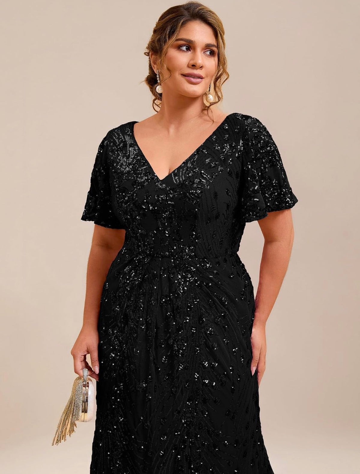 Stunning Plus Size Sequin V-Neck Flutter Sleeve Maxi Dress - Free Shipping