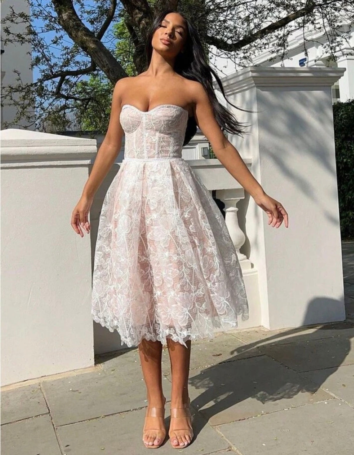 Elegant Strapless Lace Corset Sweetheart Midi Dress - Free Shipping