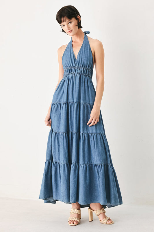 Elegant Ocean Sky Denim Midi Dress - Free Shipping
