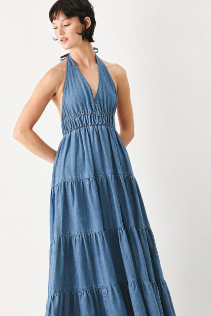Elegant Ocean Sky Denim Midi Dress - Free Shipping