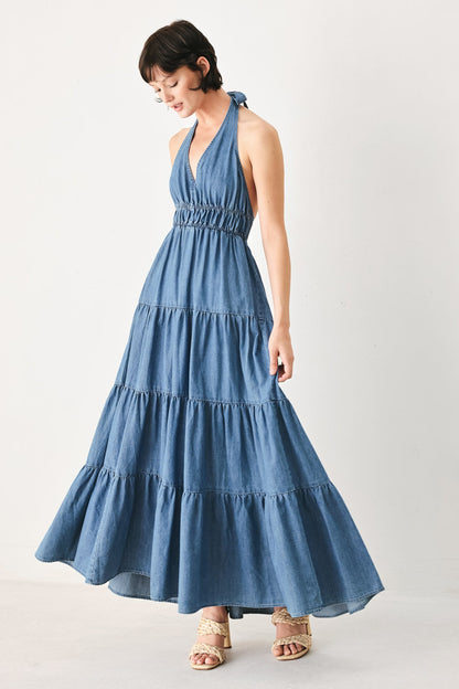 Elegant Ocean Sky Denim Midi Dress - Free Shipping