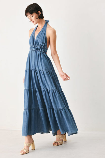Elegant Ocean Sky Denim Midi Dress - Free Shipping