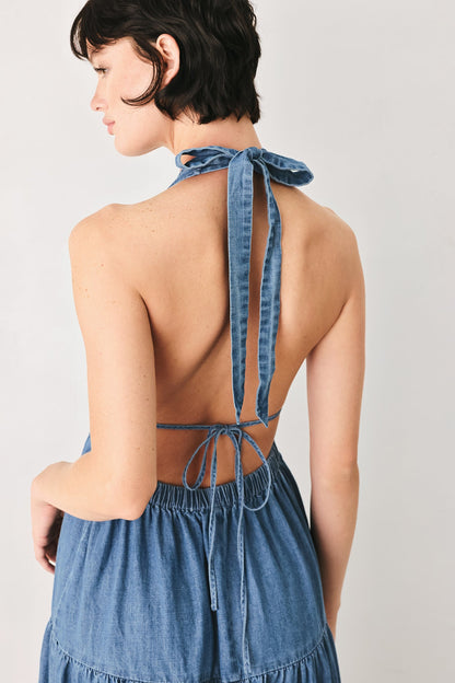 Elegant Ocean Sky Denim Midi Dress - Free Shipping