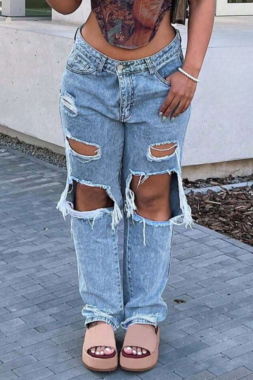 Fashionable Women’s Ripped Straight Leg Jeans - Distressed Denim Pants-Free Shipping