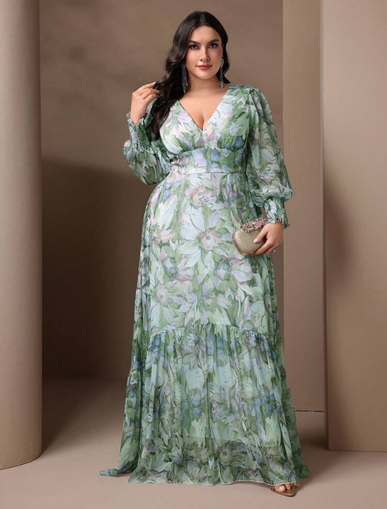 Elegant Floral Plus Size Maxi Dress - Deep V-Neck Lantern Sleeve Ruffle Hem-Free Shipping