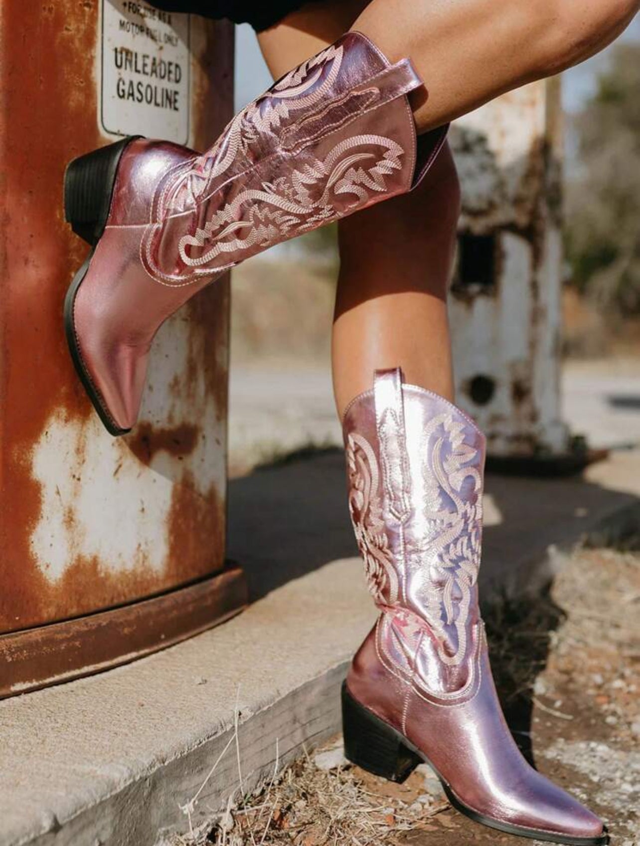 Women’s Metallic Embroidered Cowgirl Boots – Mid Calf Western Chunky Heel Pointed Toe Pull On-Free Shipping