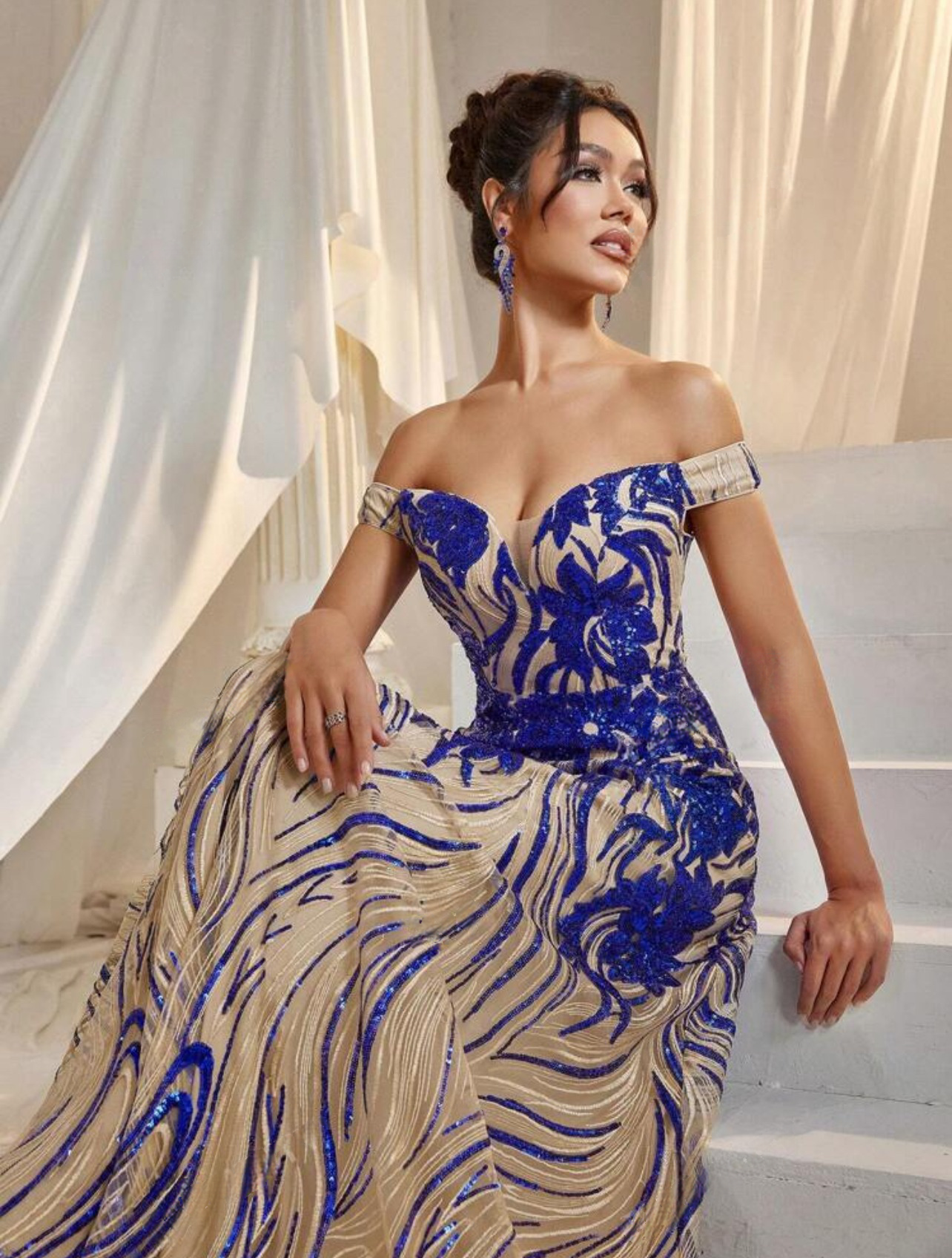 Stunning Royal Blue Off-Shoulder Sweetheart Sequin A-Line Long Dress-Free Shipping