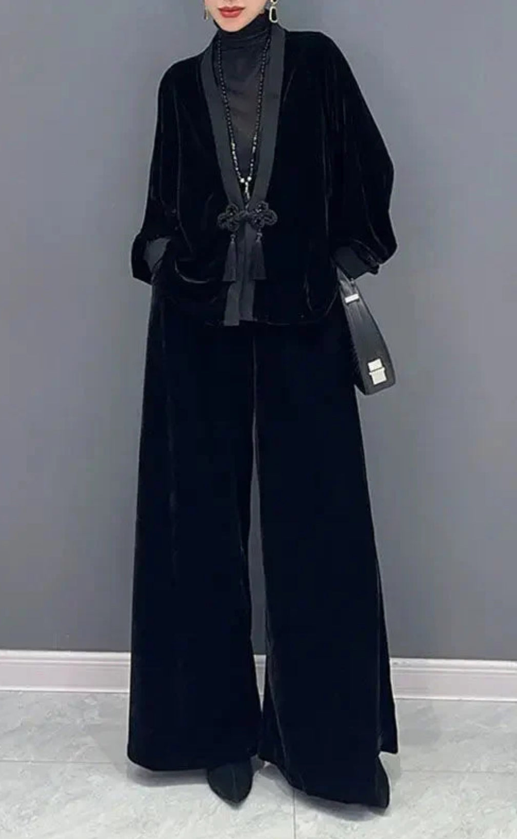 Elegant Blue Women's Long Sleeve Collarless Top Wide Leg Pants Set-Free Shipping