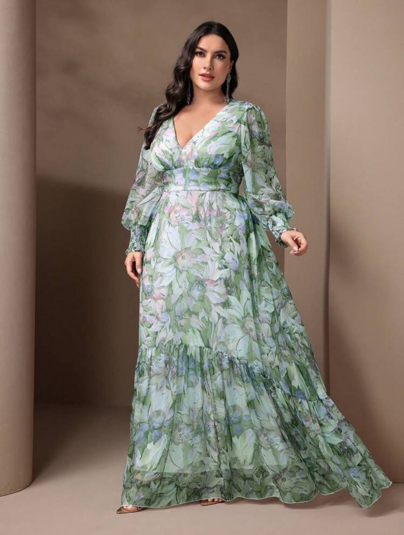 Elegant Floral Plus Size Maxi Dress - Deep V-Neck Lantern Sleeve Ruffle Hem-Free Shipping