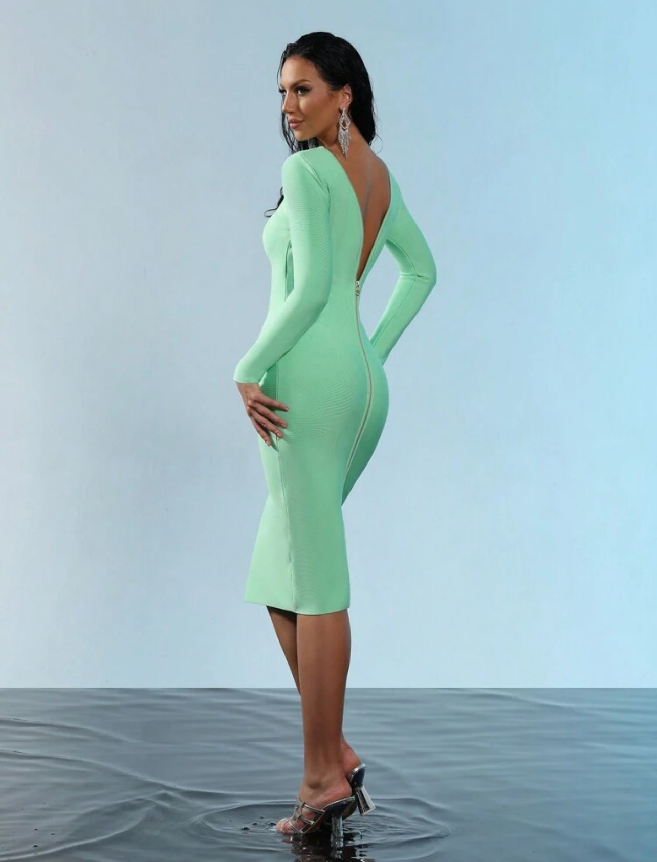 Classic Sexy Long Sleeve Back Zipper Bodycon Bandage Midi Dress - Free Shipping