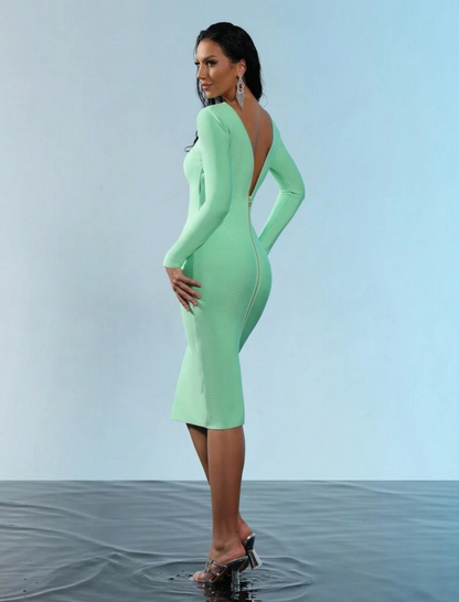 Classic Sexy Long Sleeve Back Zipper Bodycon Bandage Midi Dress - Free Shipping