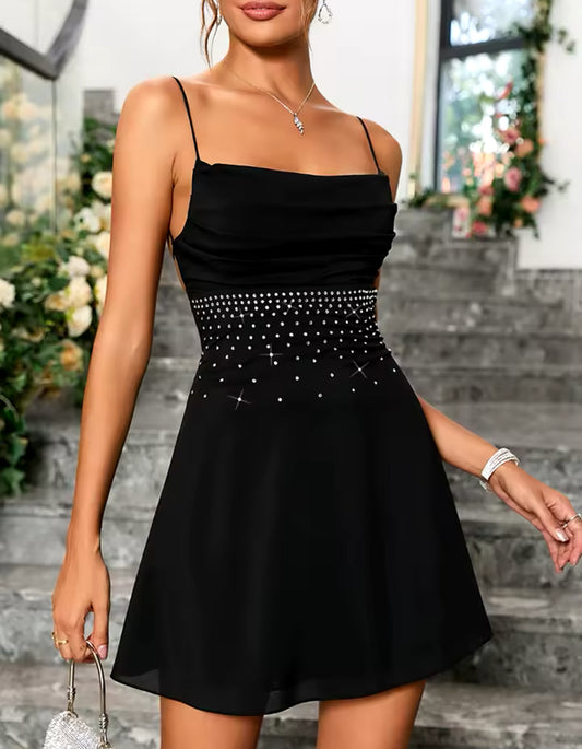 Elegant Rhinestone Detail Ruched Cami Dress-Free Shipping