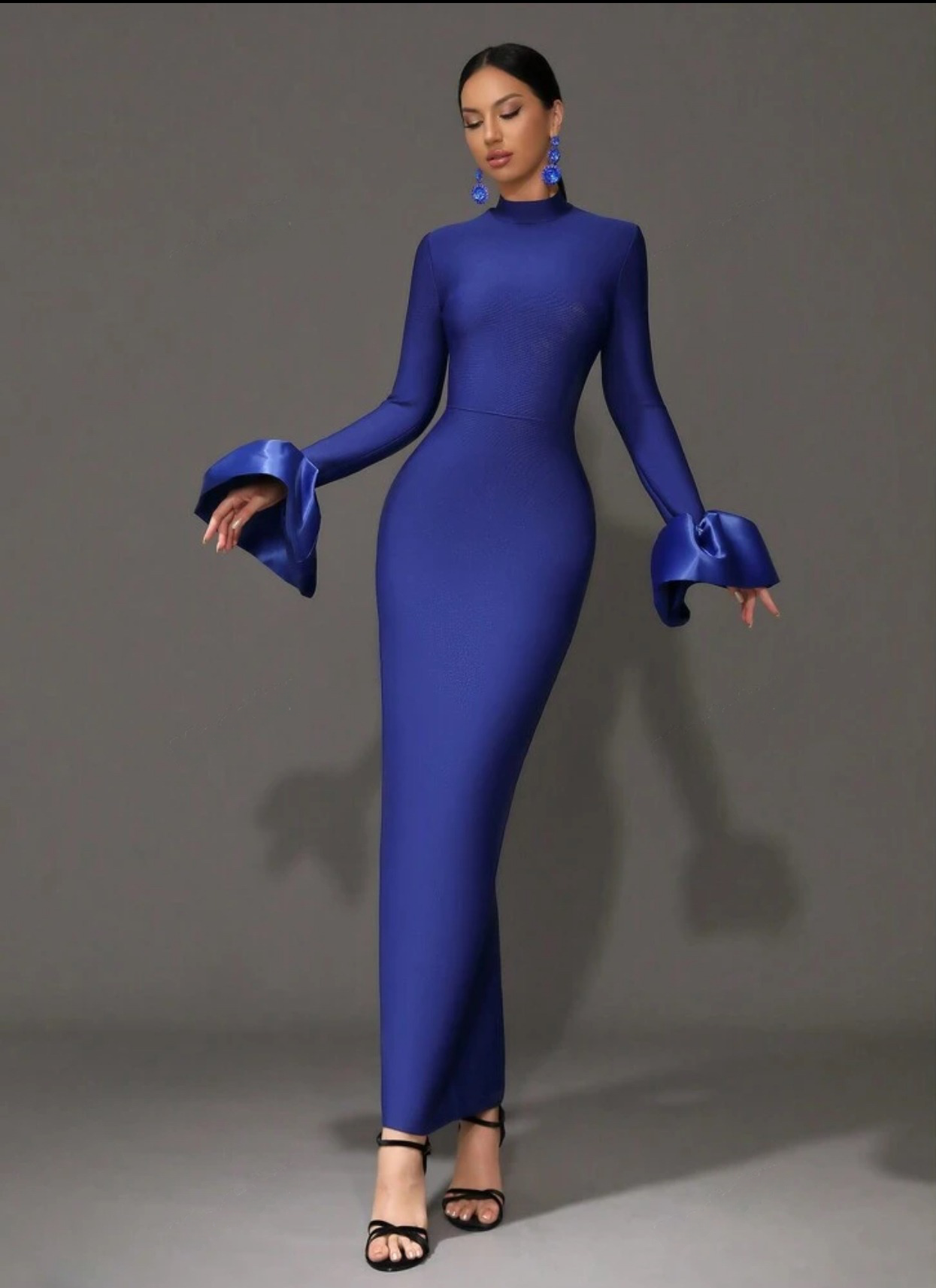 Elegant Blue Mermaid Bodycon Bell Sleeves Stand Collar Long Dress - Free Shipping