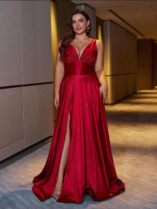 Elegant Red Plus Size Pleated Glitter Sleeveless Long Gown Dress Sleeveless Gown-Free Shipping