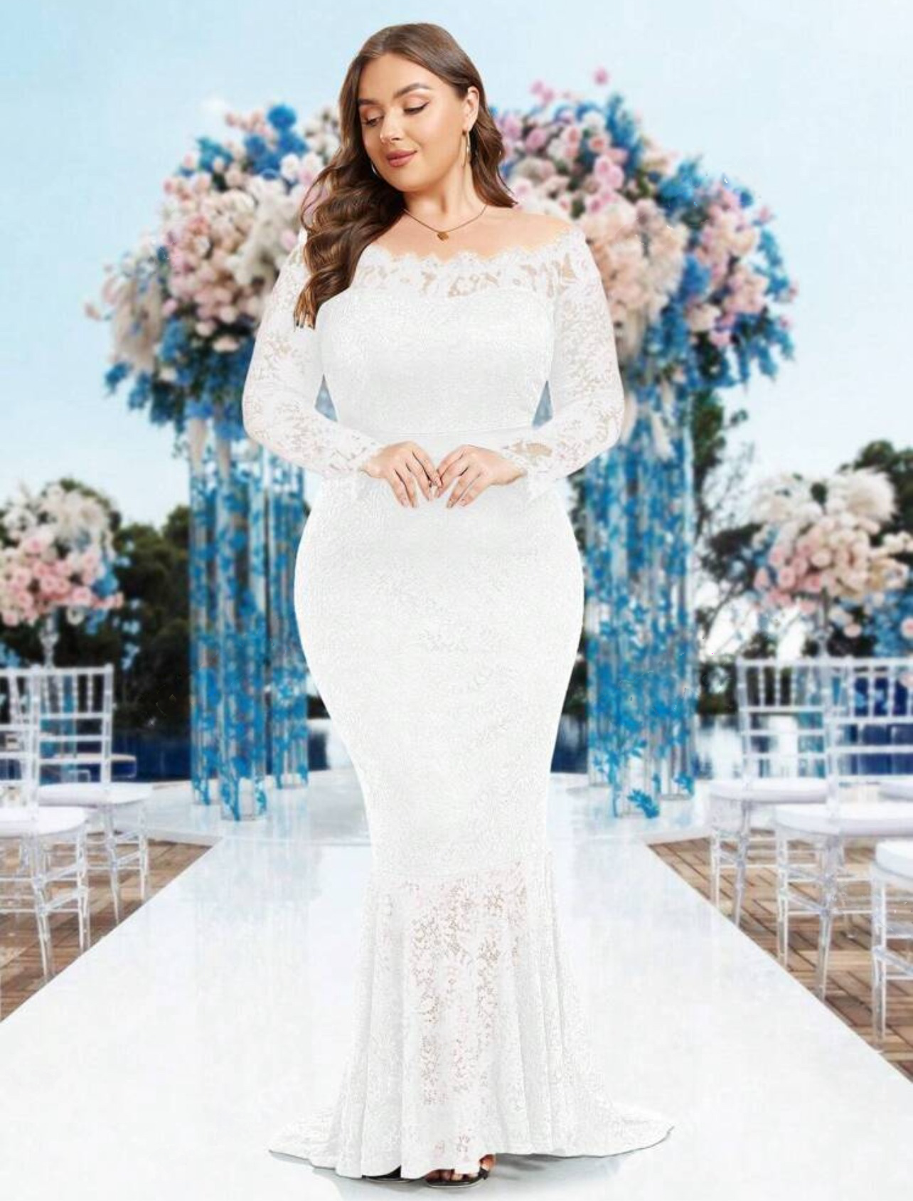 Elegant Plus Size White Off-Shoulder Lace Mermaid Dress - Free Shipping