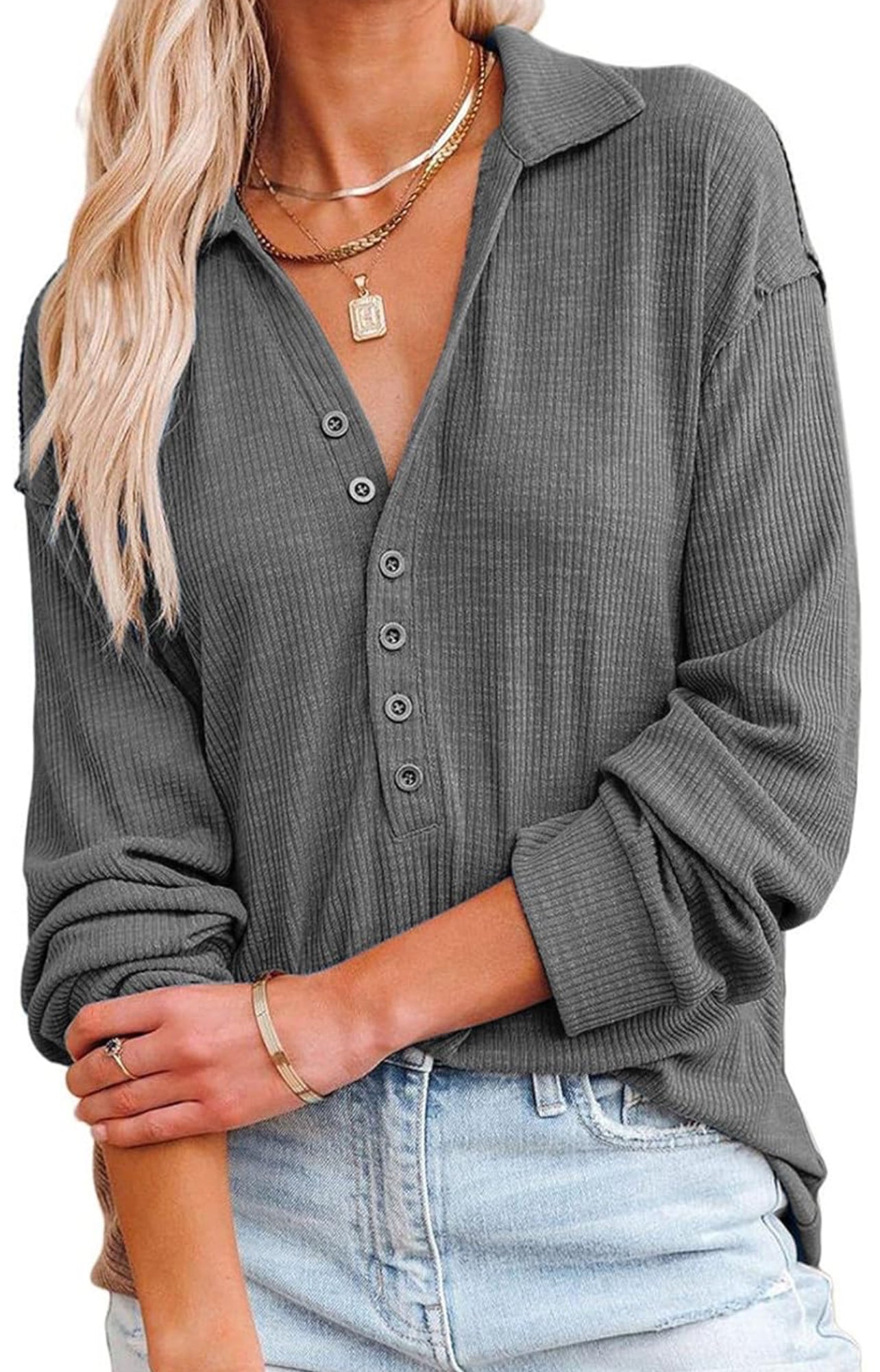 Chic Comfort: Women's Knitted Relaxed Fit Button-Up Tunic Blouse-Free Shipping