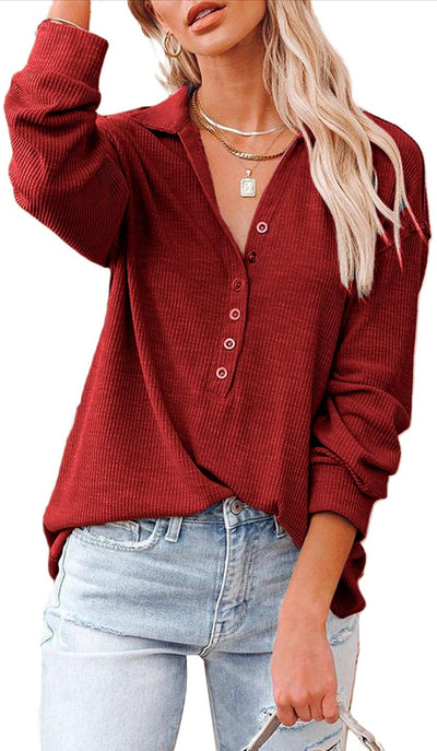 Stylish Comfort: Women's Knitted Relaxed Fit Button-Up Tunic Blouse-Free Shipping