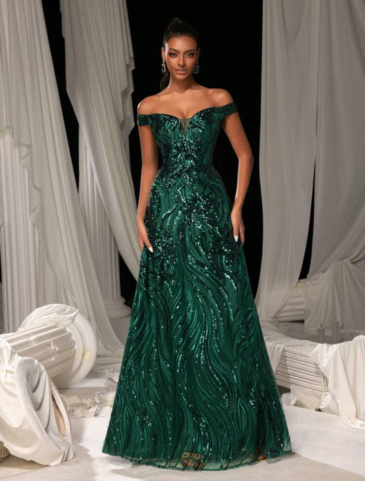 Stunning Dark Green Off-Shoulder Sweetheart Sequin A-Line Long Dress-Free Shipping