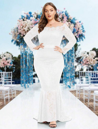 Elegant Plus Size White Off-Shoulder Lace Mermaid Dress - Free Shipping