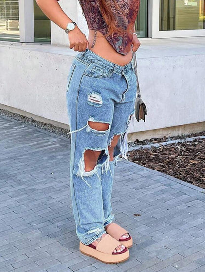 Fashionable Women’s Ripped Straight Leg Jeans - Distressed Denim Pants-Free Shipping