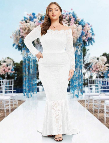 Elegant Plus Size White Off-Shoulder Lace Mermaid Dress - Free Shipping