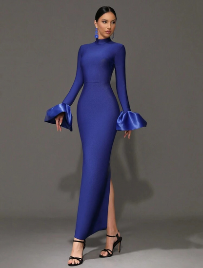 Elegant Blue Mermaid Bodycon Bell Sleeves Stand Collar Long Dress - Free Shipping