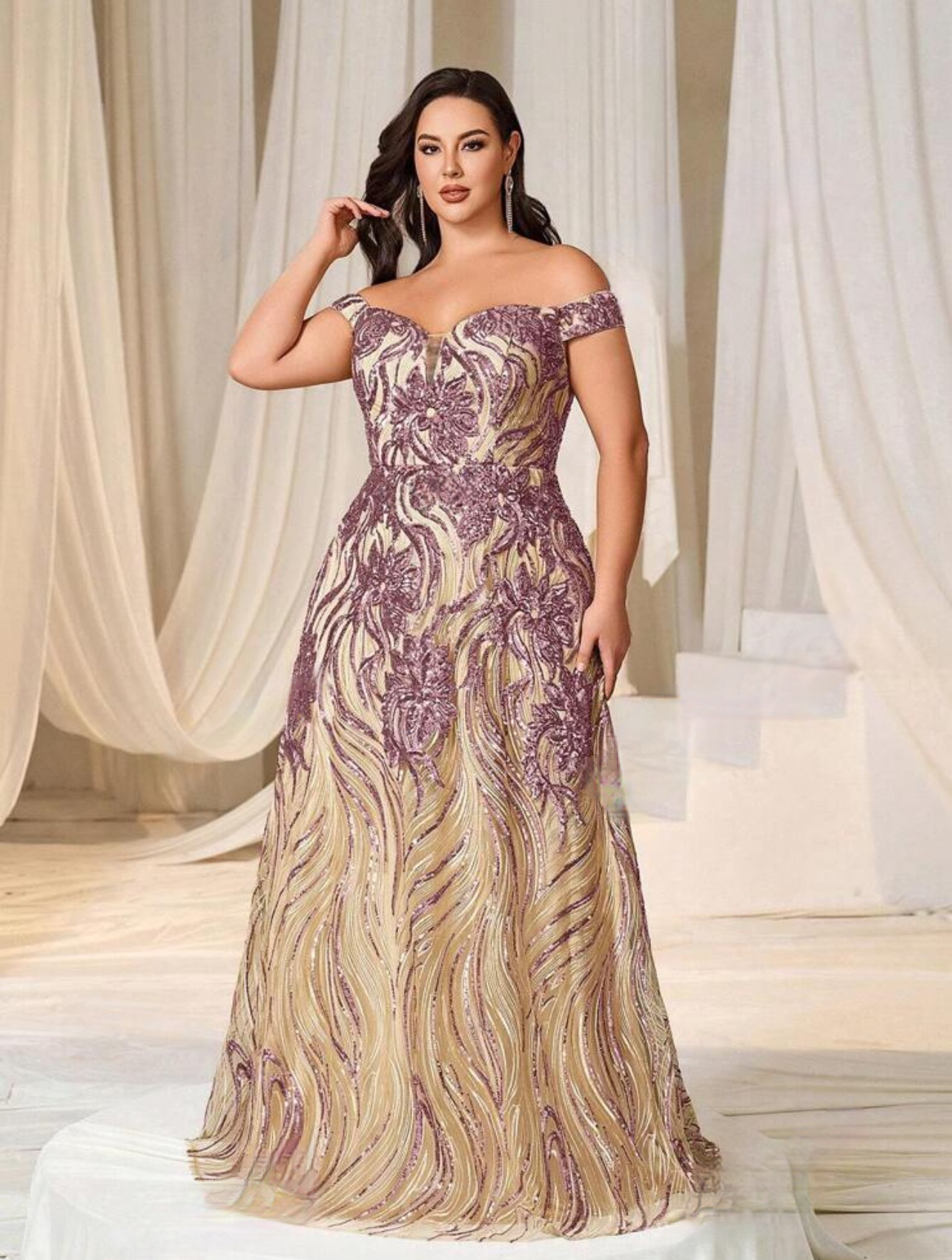 Glamorous Plus Size Mauve Off-Shoulder Sweetheart Sequin Long Maxi Dress-Free Shipping