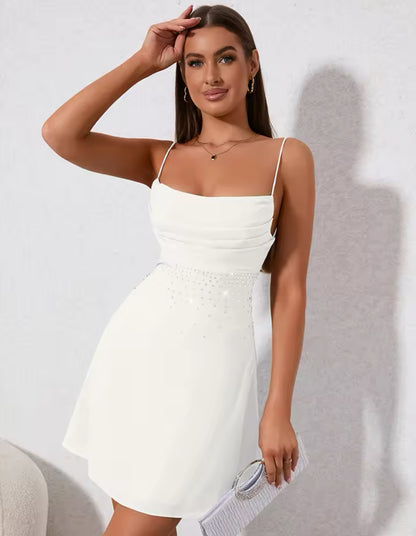 Elegant Rhinestone Detail Ruched Cami Dress-Free Shipping