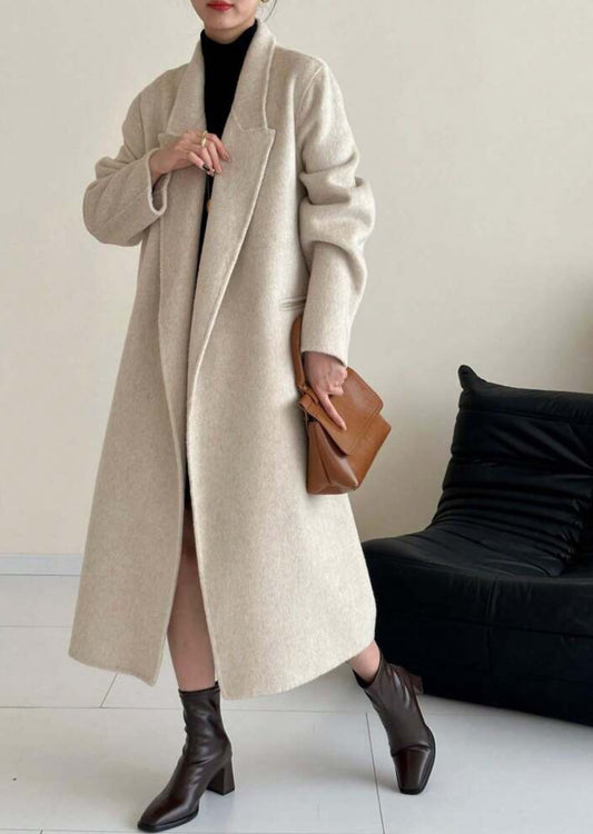 Timeless Beige Double-Face 100% Wool Coat Belted Single-Breasted Overcoat with Pockets-Free Shipping