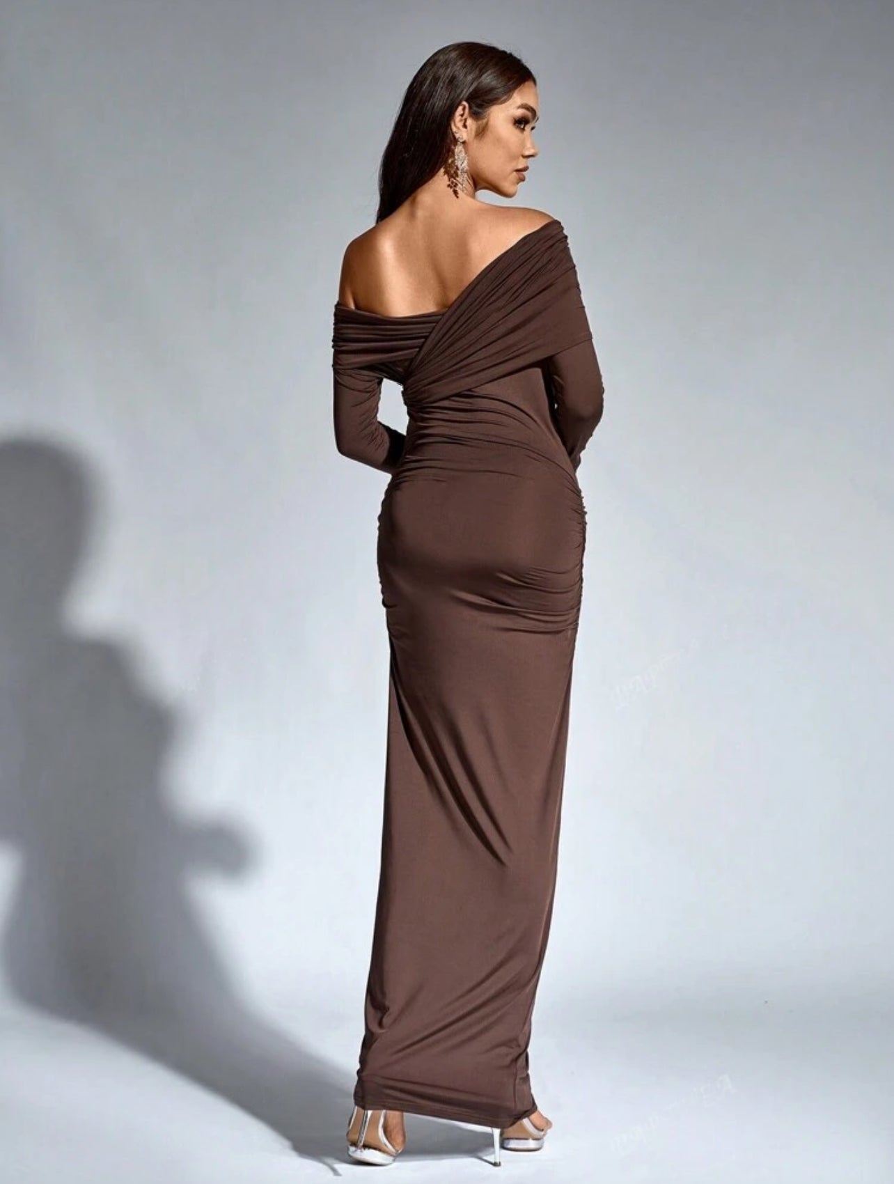 Elegant Versatile Ruched One-Shoulder Off-the-Shoulder Neckline Long Sleeve Dress – Free Shipping