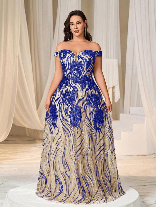 Glamorous Plus Size Royal Blue Off-Shoulder Sweetheart Sequin Long Maxi Dress-Free Shipping