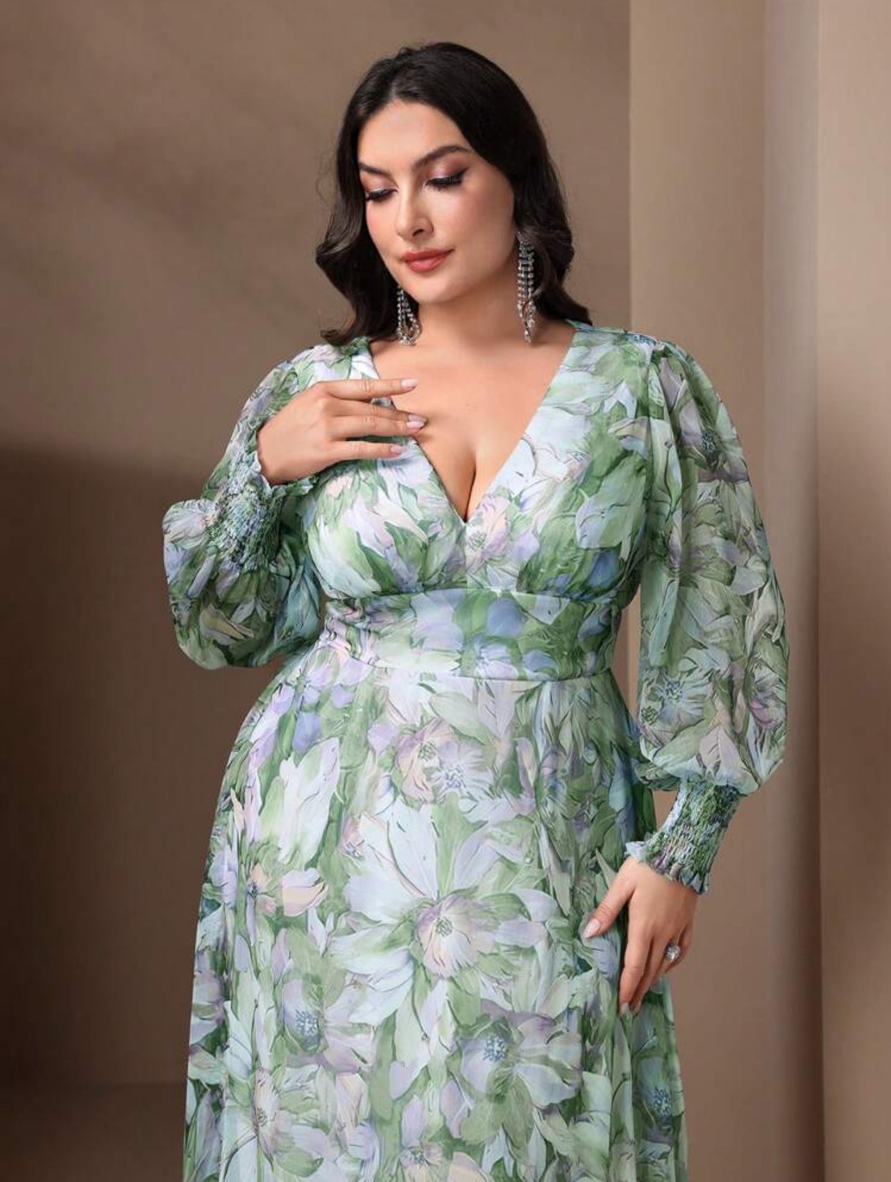 Elegant Floral Plus Size Maxi Dress - Deep V-Neck Lantern Sleeve Ruffle Hem-Free Shipping