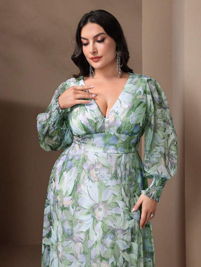 Elegant Floral Plus Size Maxi Dress - Deep V-Neck Lantern Sleeve Ruffle Hem-Free Shipping