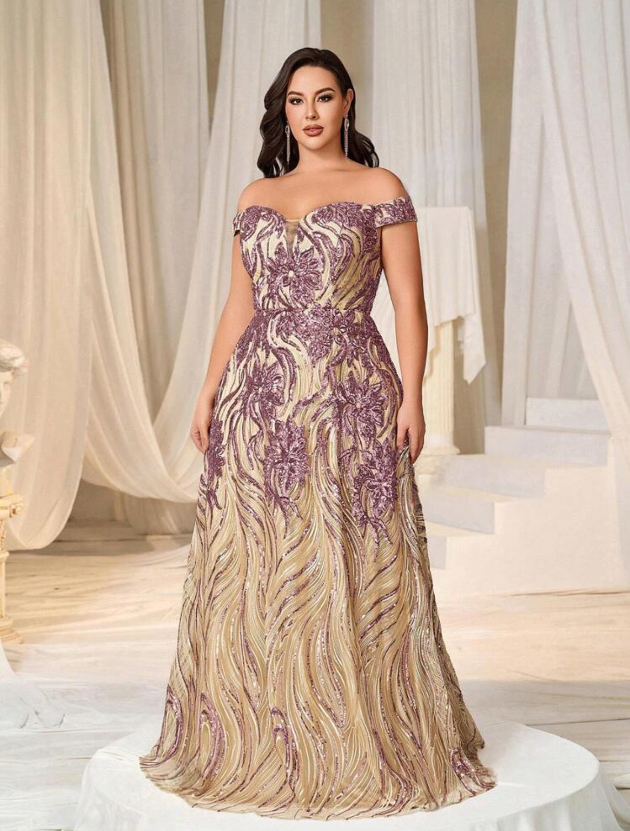 Glamorous Plus Size Mauve Off-Shoulder Sweetheart Sequin Long Maxi Dress-Free Shipping