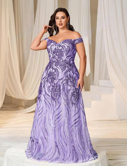 Glamorous Plus Size Mauve Off-Shoulder Sweetheart Sequin Long Maxi Dress-Free Shipping