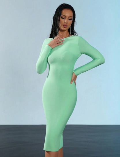 Classic Sexy Long Sleeve Back Zipper Bodycon Bandage Midi Dress - Free Shipping