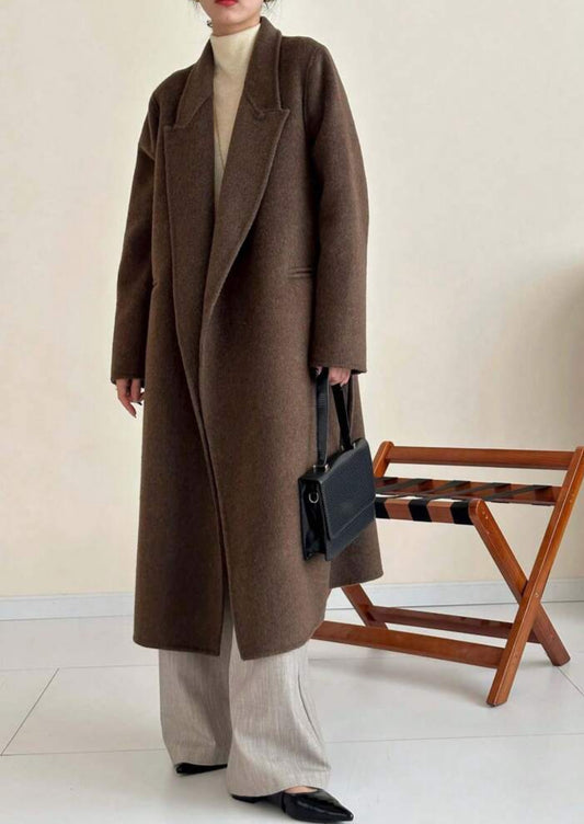 Timeless Brown Double-Face 100% Wool Coat Belted Single-Breasted Overcoat with Pockets-Free Shipping