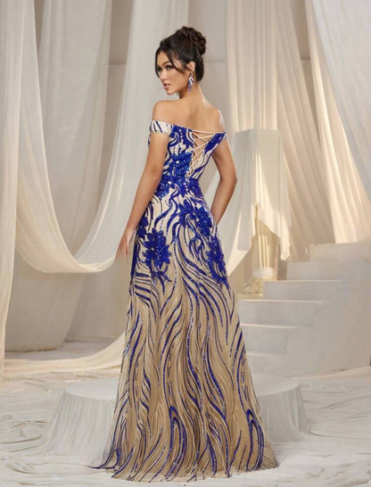 Stunning Royal Blue Off-Shoulder Sweetheart Sequin A-Line Long Dress-Free Shipping