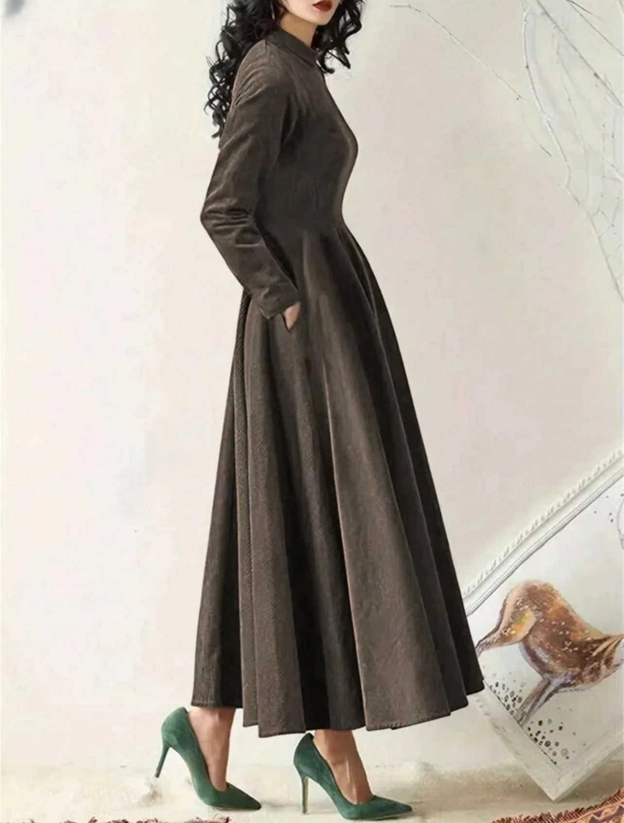 Stylish Brown Corduroy Long Sleeve Pocket Fit Flare Maxi Dress-Free Shipping