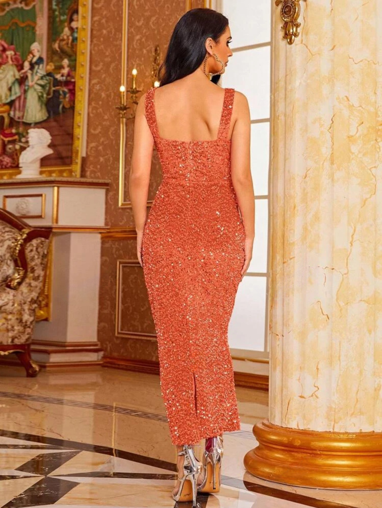 Glamour and Elegance Combined: Red Square Neck Form-Fitting Sequin Long Dress - Free Shipping