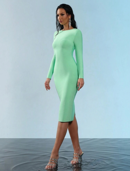 Classic Sexy Long Sleeve Back Zipper Bodycon Bandage Midi Dress - Free Shipping