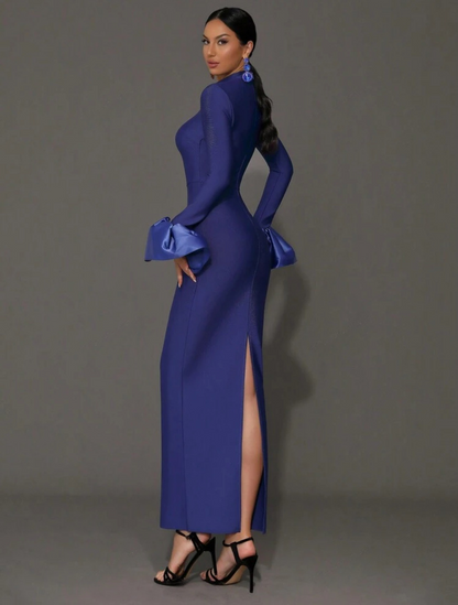 Elegant Blue Mermaid Bodycon Bell Sleeves Stand Collar Long Dress - Free Shipping