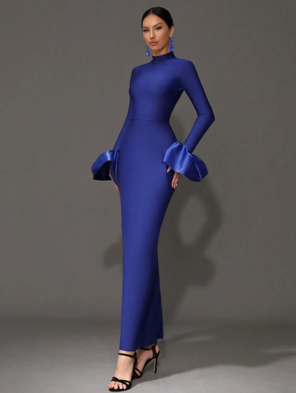 Elegant Blue Mermaid Bodycon Bell Sleeves Stand Collar Long Dress - Free Shipping