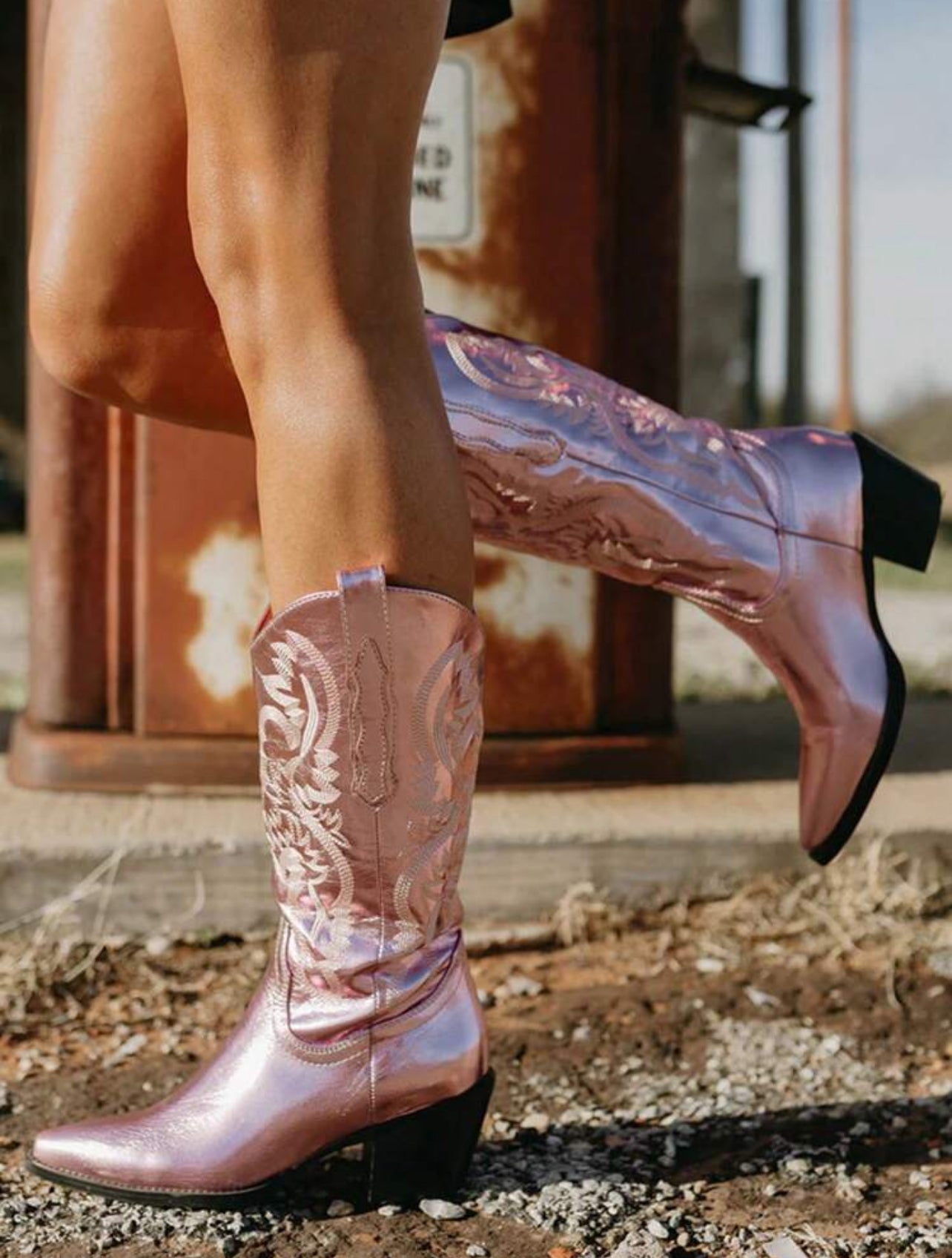 Women’s Metallic Embroidered Cowgirl Boots – Mid Calf Western Chunky Heel Pointed Toe Pull On-Free Shipping