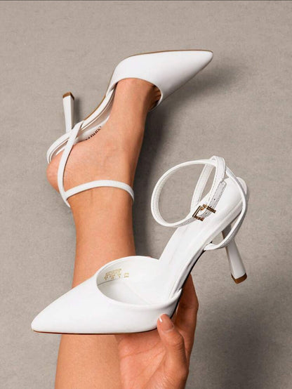 Elegant White Ankle Strap Stiletto Pointed Heel Pumps-Free Shipping