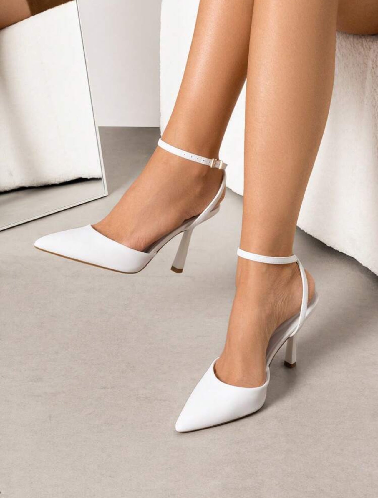 Elegant White Ankle Strap Stiletto Pointed Heel Pumps-Free Shipping