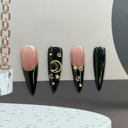 Stiletto Black Moon Stars Press On Long Fancy Fake Nails French Tips-Free Shipping