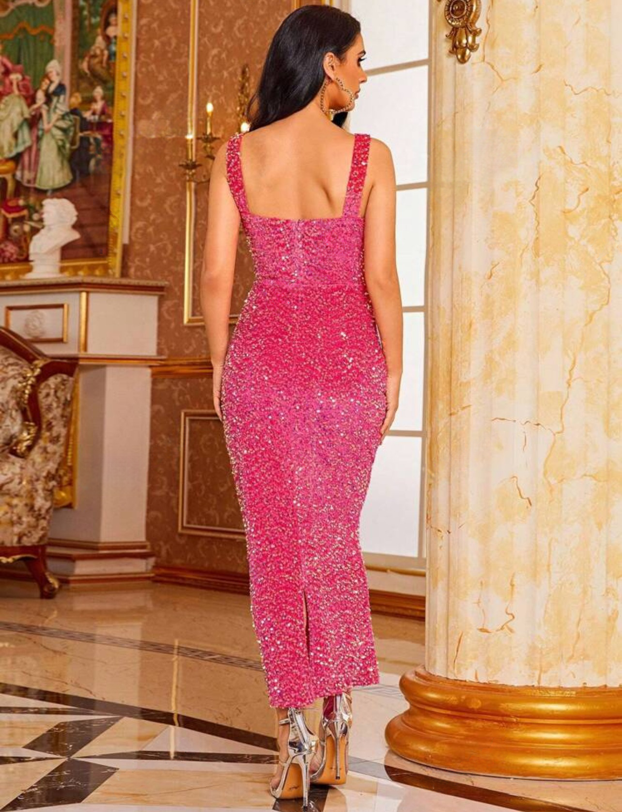 Glamour and Elegance Combined: Red Square Neck Form-Fitting Sequin Long Dress - Free Shipping