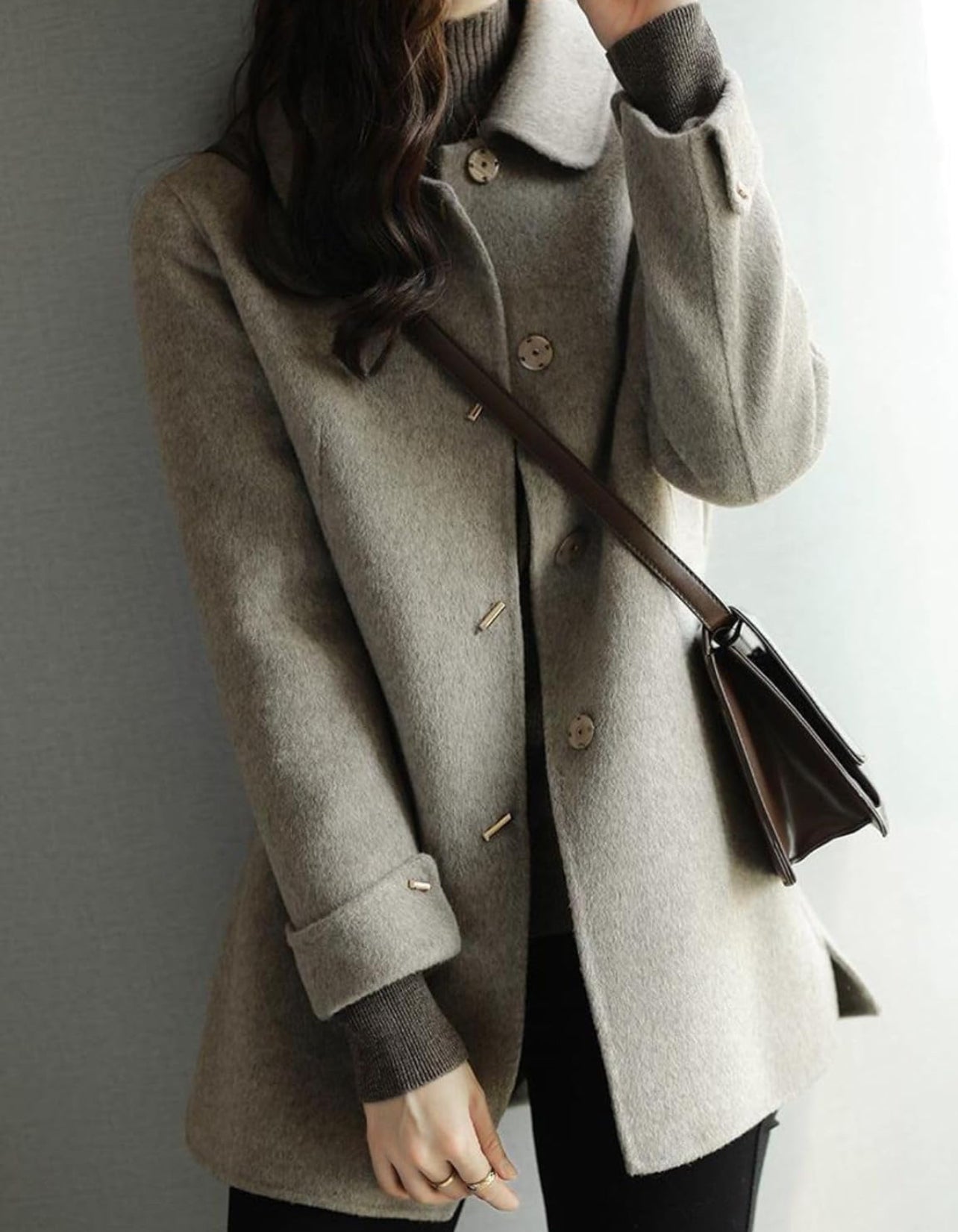 Sophisticated Woolen Coat Single Breasted Wide-Waisted Cut with Pockets - Free Shipping