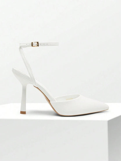 Elegant White Ankle Strap Stiletto Pointed Heel Pumps-Free Shipping